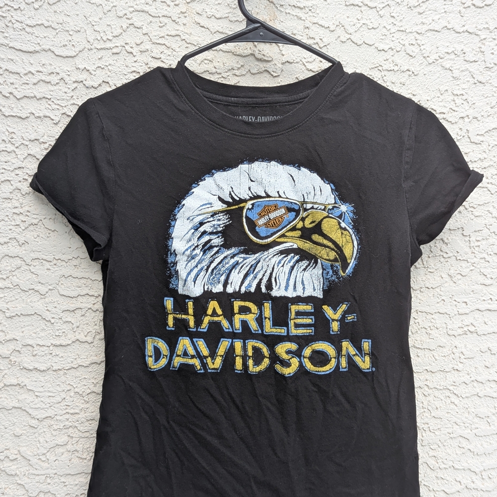 Harley-Davidson Black Tee with White Eagle and Yellow Accents